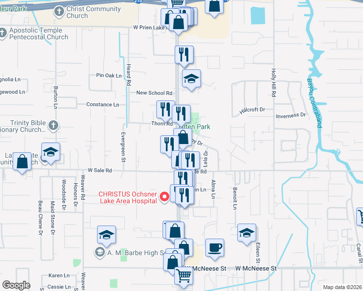 map of restaurants, bars, coffee shops, grocery stores, and more near 1800-1898 Cappy Dr in Lake Charles