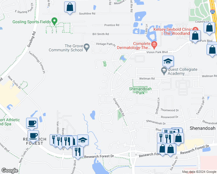 map of restaurants, bars, coffee shops, grocery stores, and more near 43 Tapestry Forest Place in The Woodlands