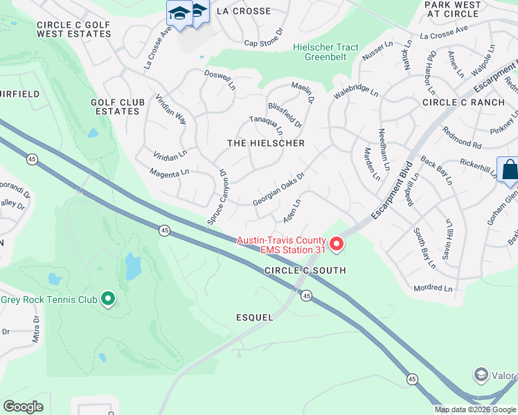 map of restaurants, bars, coffee shops, grocery stores, and more near 11513 Georgian Oaks Dr in Austin