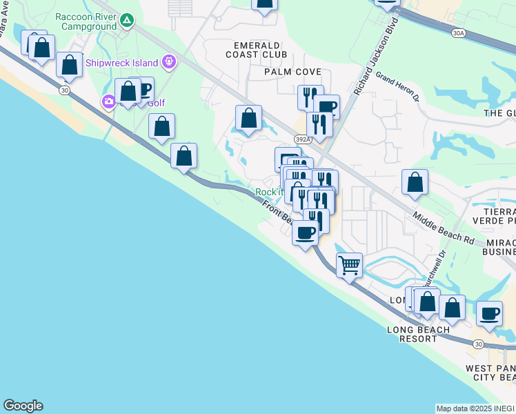 map of restaurants, bars, coffee shops, grocery stores, and more near 11483 Front Beach Road in Panama City Beach