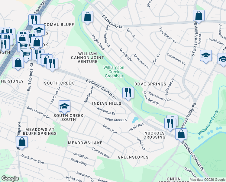map of restaurants, bars, coffee shops, grocery stores, and more near 2316-2398 East William Cannon Drive in Austin