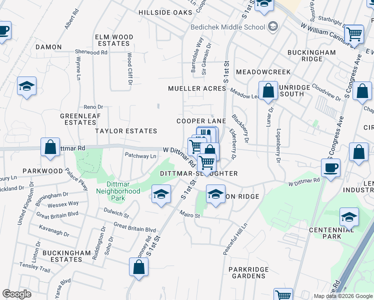 map of restaurants, bars, coffee shops, grocery stores, and more near 7804 Cooper Lane in Austin