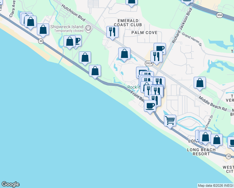 map of restaurants, bars, coffee shops, grocery stores, and more near 11619 Front Beach Road in Panama City Beach