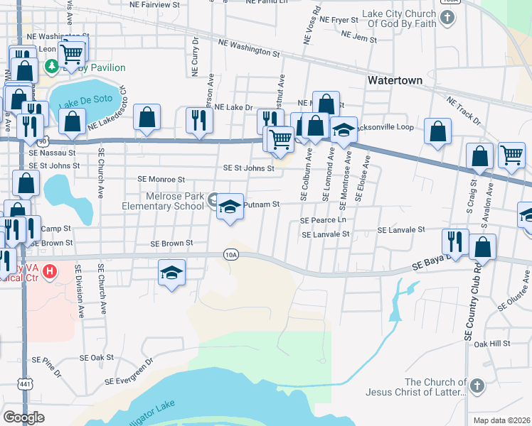 map of restaurants, bars, coffee shops, grocery stores, and more near 941 Southeast Putnam Street in Lake City