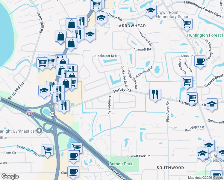 map of restaurants, bars, coffee shops, grocery stores, and more near 3535 Whalers Way in Jacksonville