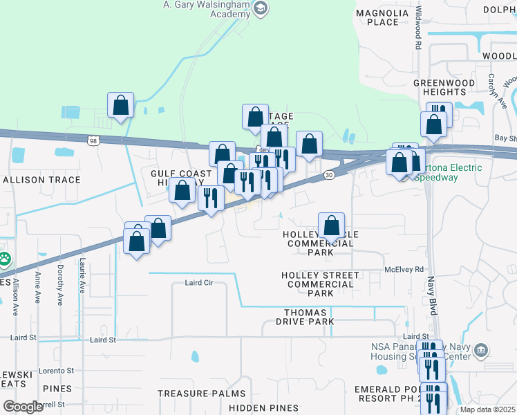 map of restaurants, bars, coffee shops, grocery stores, and more near 7829 Front Beach Road in Panama City
