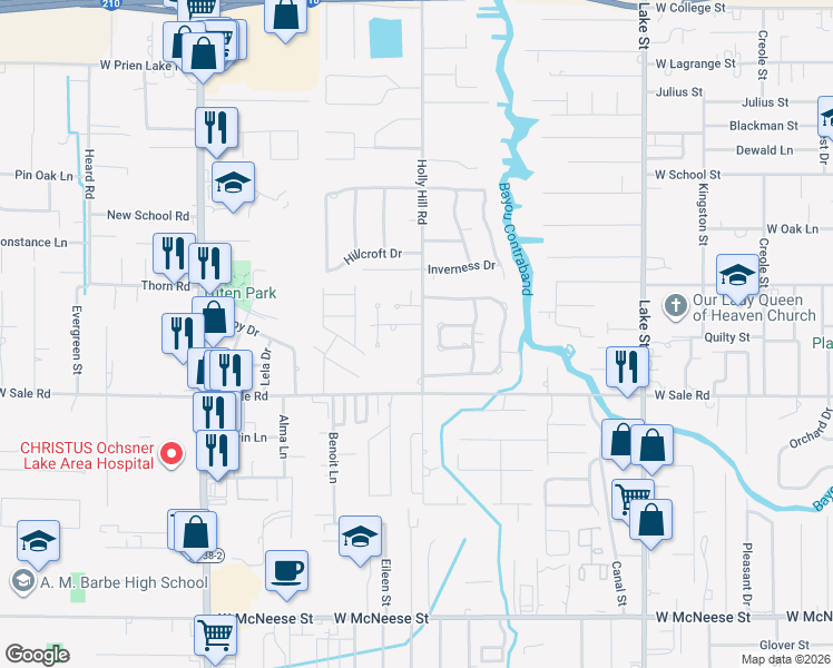 map of restaurants, bars, coffee shops, grocery stores, and more near 1301 St Louie Dr in Lake Charles