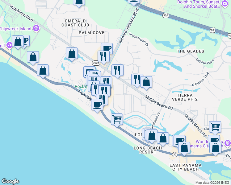 map of restaurants, bars, coffee shops, grocery stores, and more near 165 Damon Circle in Panama City Beach