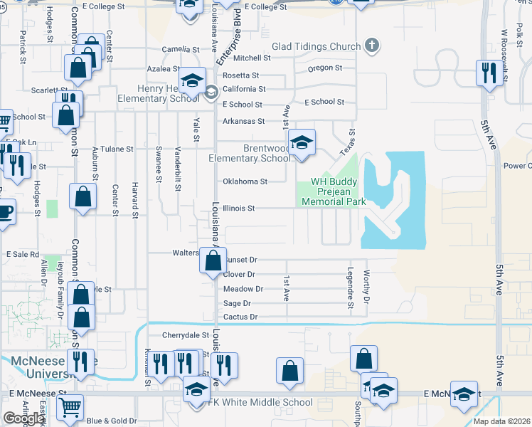 map of restaurants, bars, coffee shops, grocery stores, and more near 1301 Illinois Street in Lake Charles