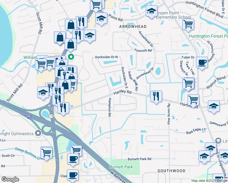 map of restaurants, bars, coffee shops, grocery stores, and more near 3535 Whalers Way in Jacksonville