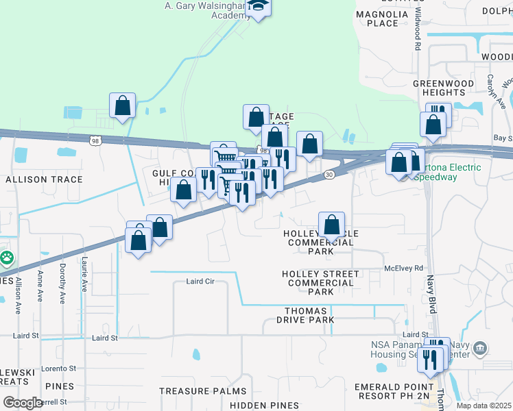 map of restaurants, bars, coffee shops, grocery stores, and more near 7829 Front Beach Road in Panama City