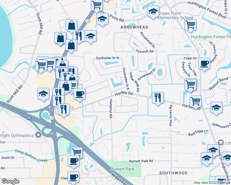 map of restaurants, bars, coffee shops, grocery stores, and more near 3535 Whalers Way in Jacksonville