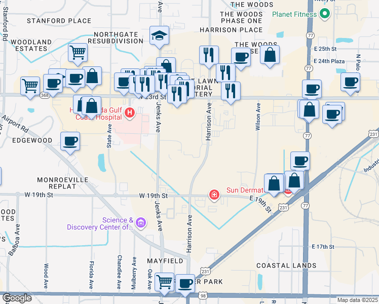 map of restaurants, bars, coffee shops, grocery stores, and more near 2121 Harrison Ave in Panama City