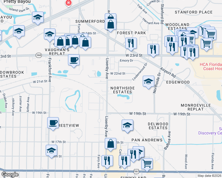 map of restaurants, bars, coffee shops, grocery stores, and more near 1344 Stephen Drive in Panama City