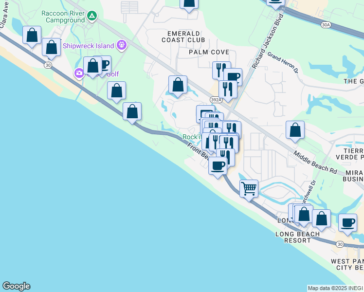 map of restaurants, bars, coffee shops, grocery stores, and more near 11483 Front Beach Road in Panama City Beach