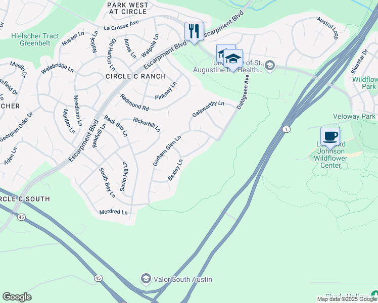 map of restaurants, bars, coffee shops, grocery stores, and more near 10920 Beachmont Lane in Austin