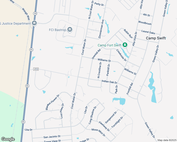 map of restaurants, bars, coffee shops, grocery stores, and more near 172 Overhill Road in Bastrop