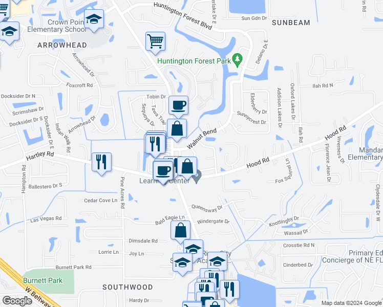 map of restaurants, bars, coffee shops, grocery stores, and more near 10516 Chippendale Circle East in Jacksonville