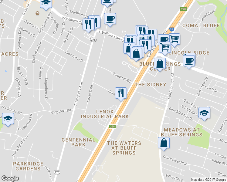 map of restaurants, bars, coffee shops, grocery stores, and more near 508 Corral Lane in Austin