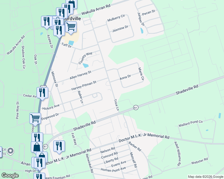 map of restaurants, bars, coffee shops, grocery stores, and more near 321 Trice Lane in Crawfordville