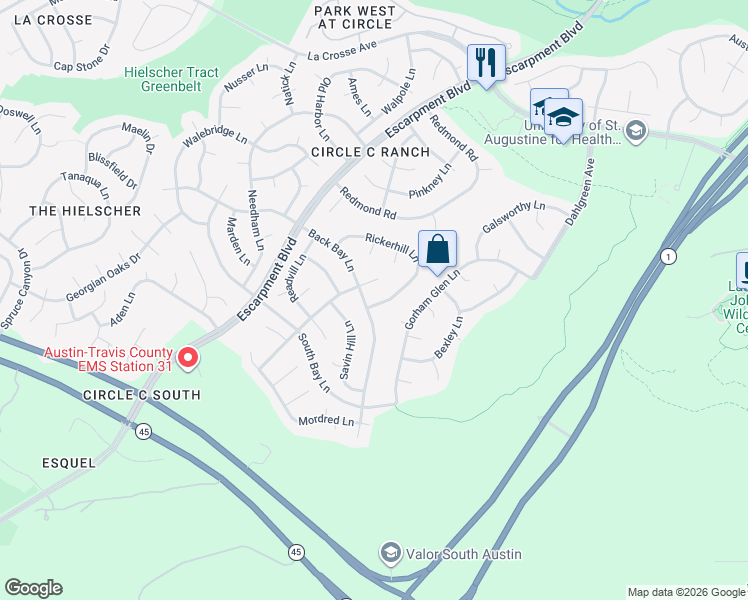map of restaurants, bars, coffee shops, grocery stores, and more near 5903 Rickerhill Lane in Austin