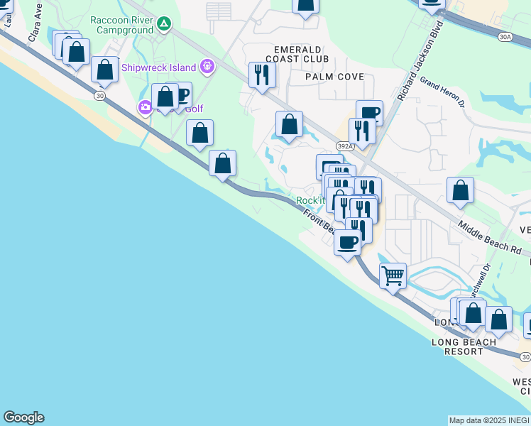 map of restaurants, bars, coffee shops, grocery stores, and more near 11619 Front Beach Road in Panama City