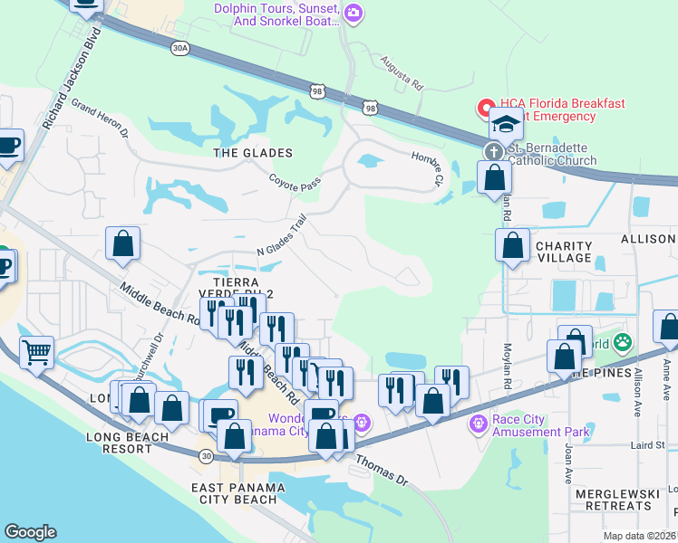 map of restaurants, bars, coffee shops, grocery stores, and more near 119 Tierra Verde Trail in Panama City Beach