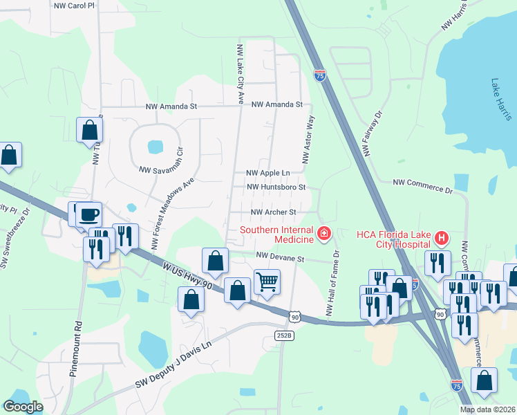 map of restaurants, bars, coffee shops, grocery stores, and more near 3825 Northwest Archer Street in Lake City