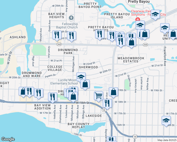 map of restaurants, bars, coffee shops, grocery stores, and more near 3116 West 21st Court in Panama City