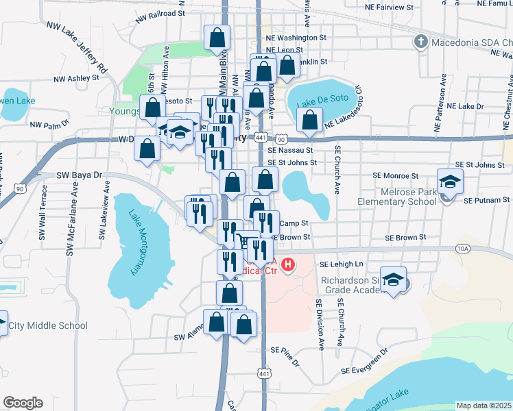 map of restaurants, bars, coffee shops, grocery stores, and more near 322 Southwest Columbia Avenue in Lake City