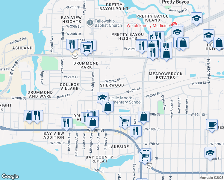 map of restaurants, bars, coffee shops, grocery stores, and more near 3116 West 21st Court in Panama City