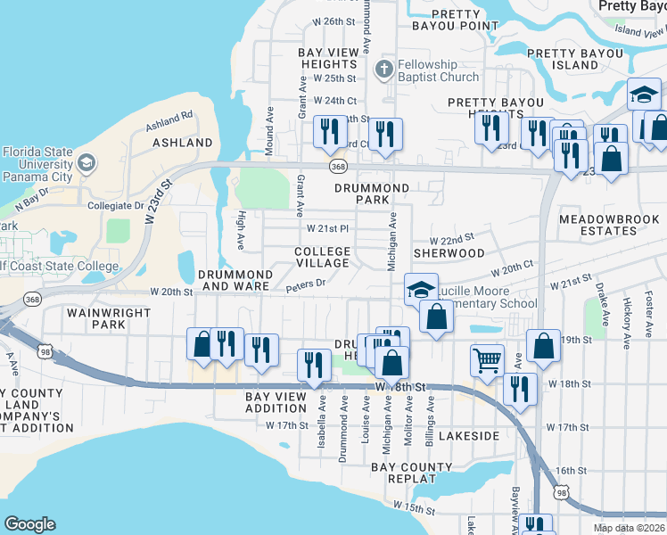 map of restaurants, bars, coffee shops, grocery stores, and more near 3910 West 20th Court in Panama City
