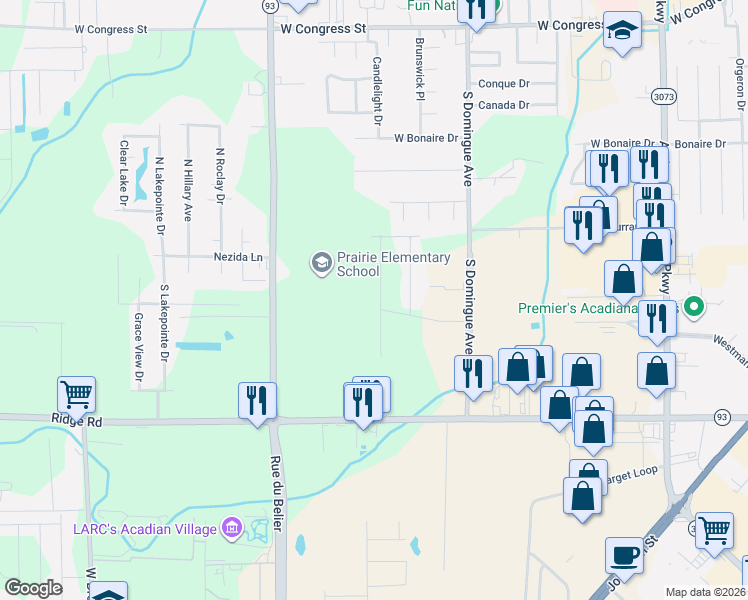 map of restaurants, bars, coffee shops, grocery stores, and more near 1131 Rue du Belier in Lafayette