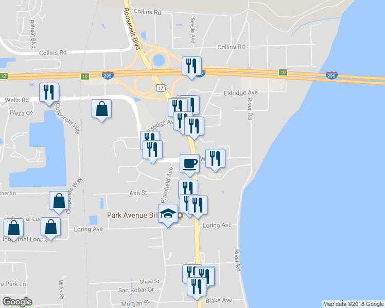 map of restaurants, bars, coffee shops, grocery stores, and more near 340 Park Avenue in Orange Park