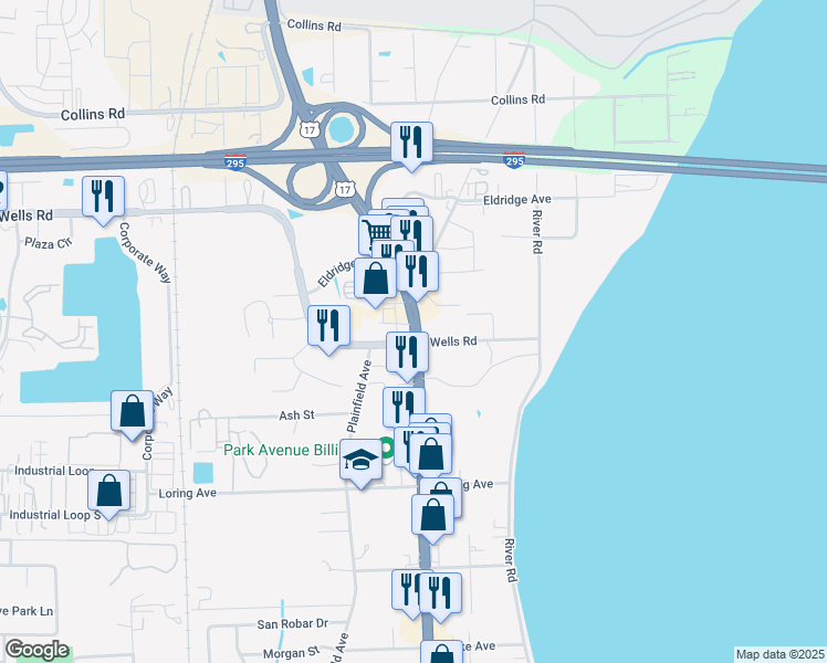 map of restaurants, bars, coffee shops, grocery stores, and more near 340 Park Avenue in Orange Park