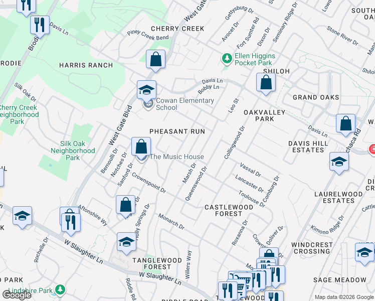 map of restaurants, bars, coffee shops, grocery stores, and more near 9100 Wagtail Drive in Austin