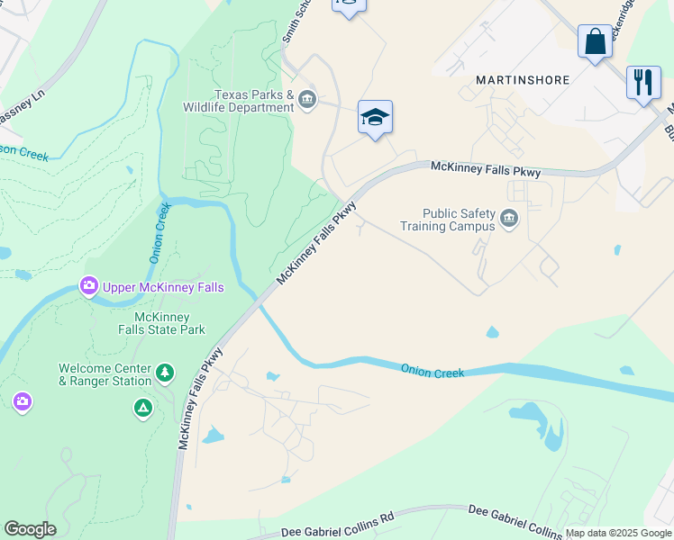map of restaurants, bars, coffee shops, grocery stores, and more near 5808 McKinney Falls Parkway in Austin