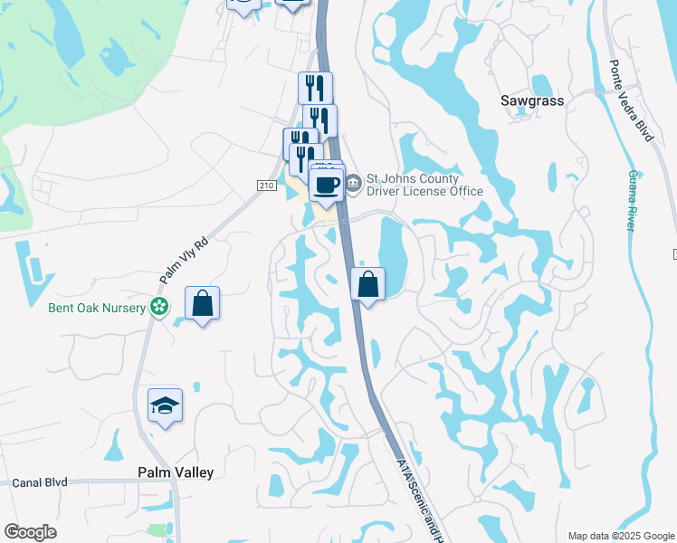 map of restaurants, bars, coffee shops, grocery stores, and more near 800 Tournament Road in Ponte Vedra Beach