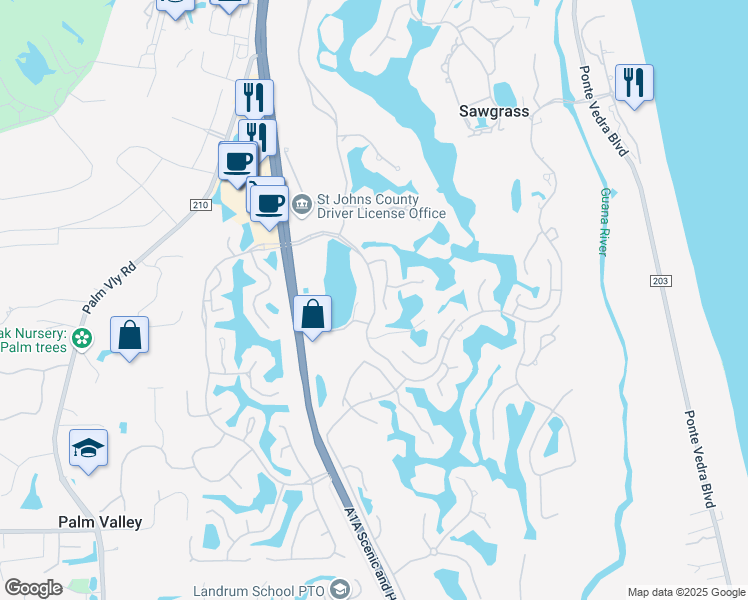 map of restaurants, bars, coffee shops, grocery stores, and more near 9946 Sawgrass Drive West in Ponte Vedra Beach