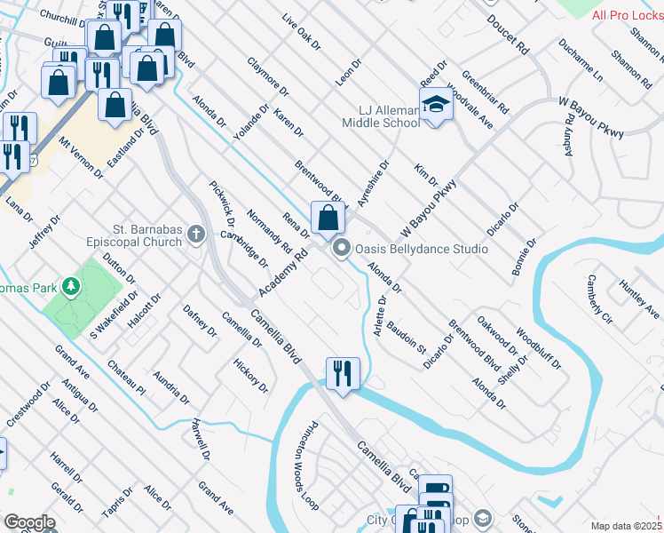 map of restaurants, bars, coffee shops, grocery stores, and more near 423 Rena Drive in Lafayette