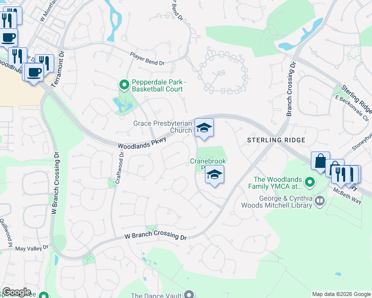 map of restaurants, bars, coffee shops, grocery stores, and more near 26 North Queenscliff Circle in The Woodlands