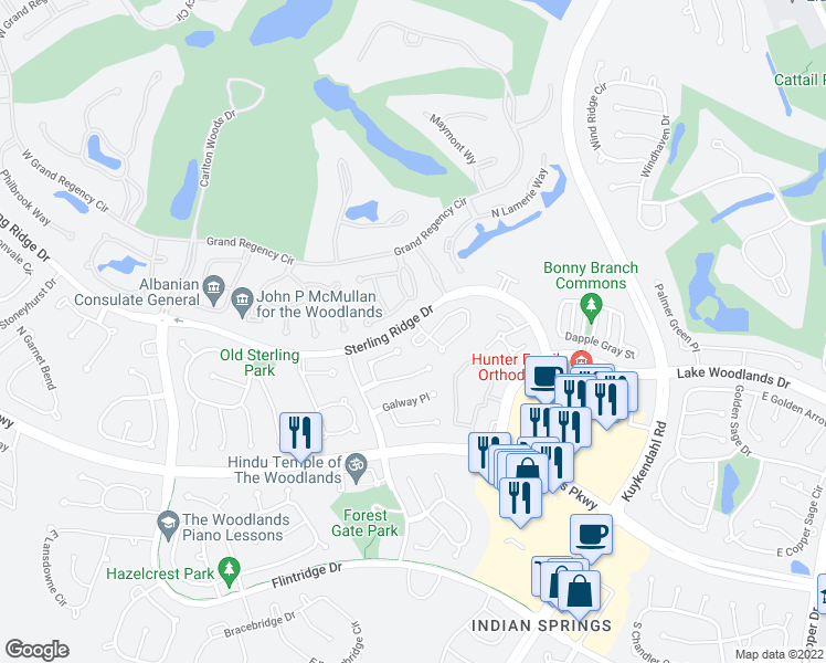 map of restaurants, bars, coffee shops, grocery stores, and more near 15 North Spring Brook Court in Spring