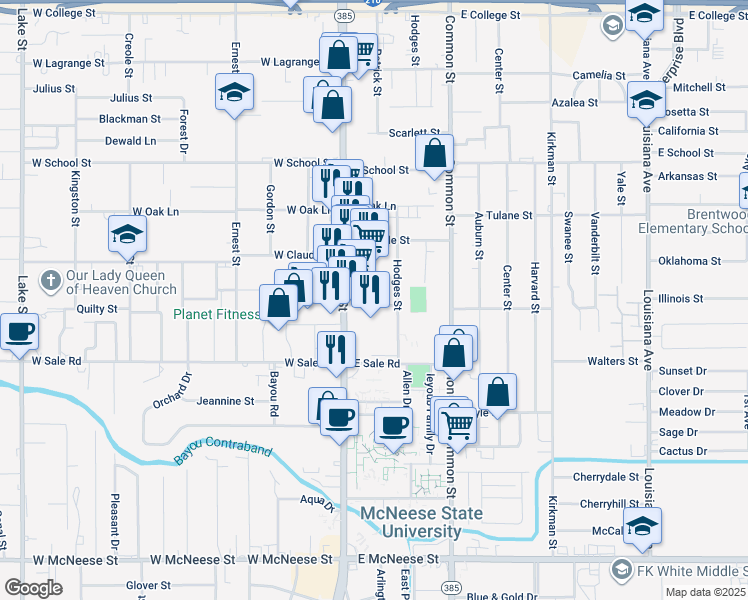 map of restaurants, bars, coffee shops, grocery stores, and more near 317 Churchill Street in Lake Charles