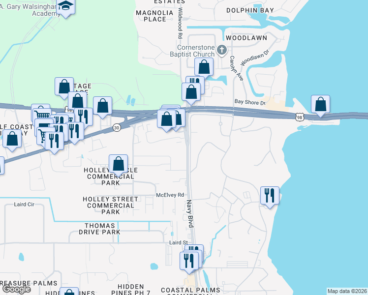 map of restaurants, bars, coffee shops, grocery stores, and more near 206-230 Thomas Drive in Panama City