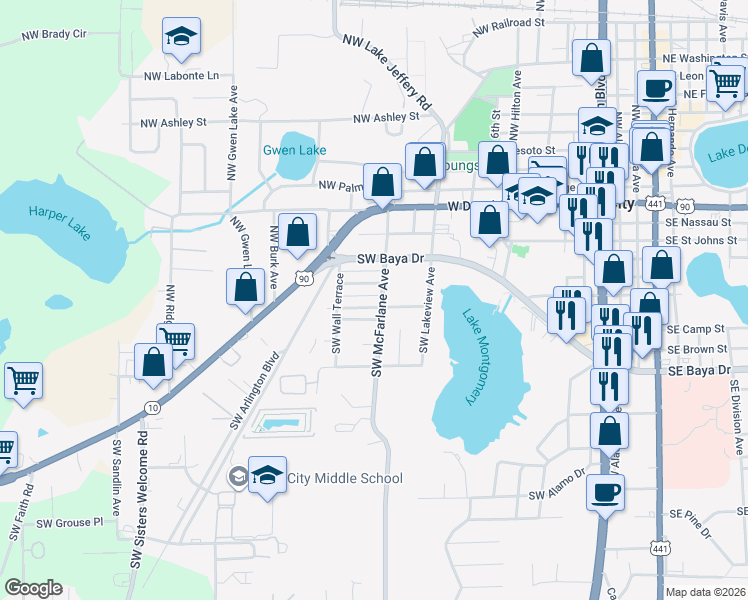 map of restaurants, bars, coffee shops, grocery stores, and more near 313 Southwest McFarlane Avenue in Lake City