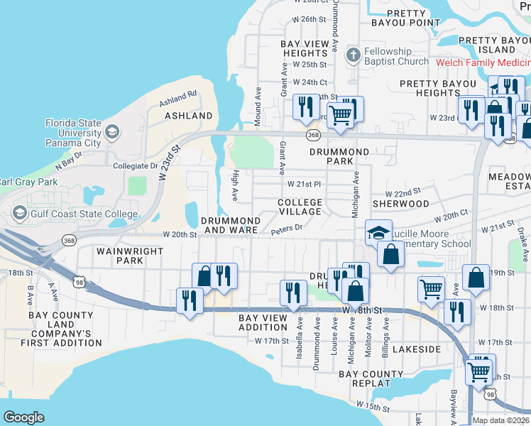 map of restaurants, bars, coffee shops, grocery stores, and more near 4122 West 20th Court in Panama City