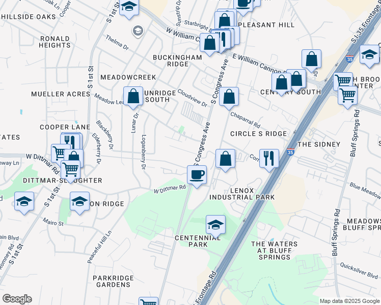 map of restaurants, bars, coffee shops, grocery stores, and more near 7300 South Congress Avenue in Austin