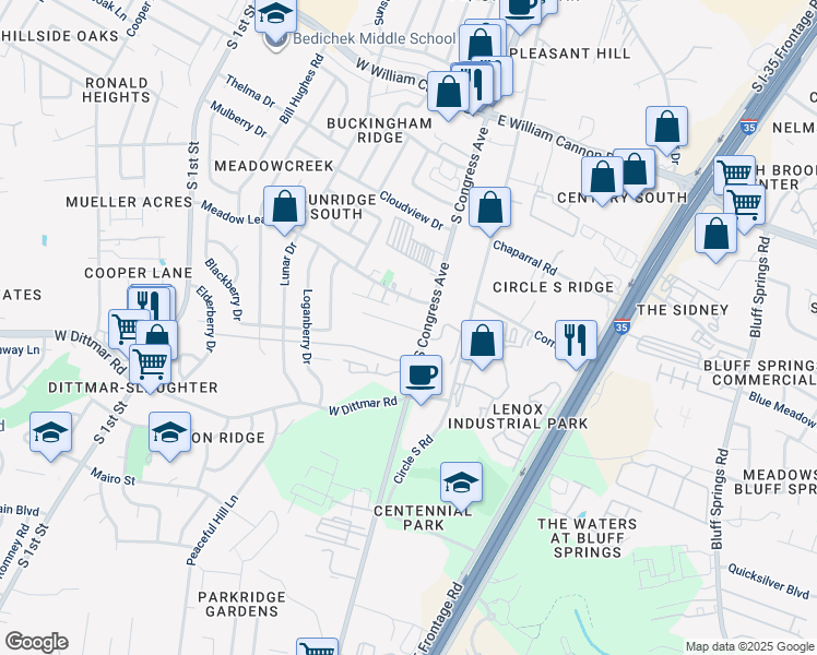 map of restaurants, bars, coffee shops, grocery stores, and more near 7300 South Congress Avenue in Austin