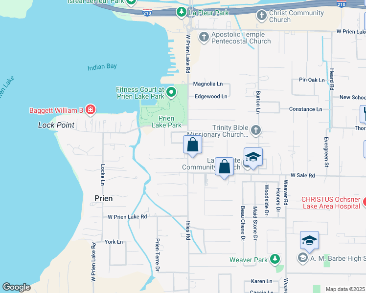 map of restaurants, bars, coffee shops, grocery stores, and more near 2807 South Locke Point Drive in Lake Charles