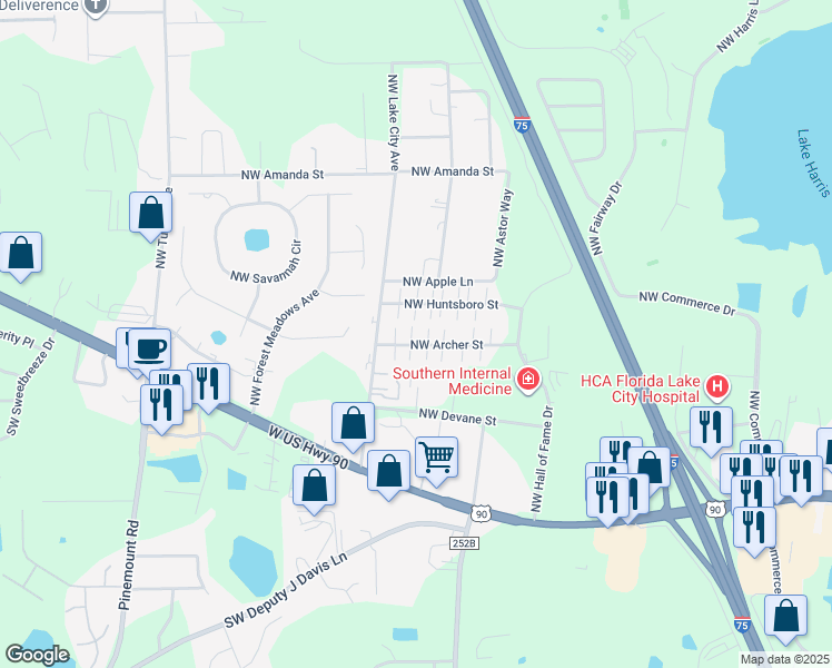 map of restaurants, bars, coffee shops, grocery stores, and more near 3825 Northwest Archer Street in Lake City
